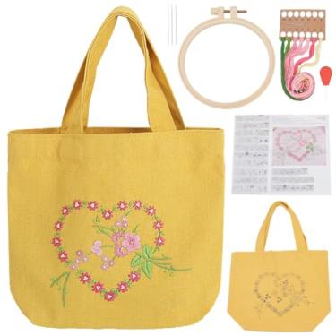 Imagem de PLIGREAT Kit de bordado de lona amarela para iniciantes e adultos, kit de ponto cruz de guirlanda de coração com instruções para almoço, kit de bordado com argola e padrão de flor rosa para presentes