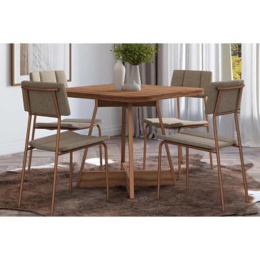 Imagem de Sala de Jantar Completa 1593 c/ Tampo Madeirado 90x90cm e 4 Cadeiras 1742 Nogal/Freijo Rose/Cobre/Linho Areia - Carraro