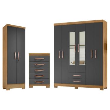 Imagem de Kit Guarda Roupa Casal 6 Portas 2 Gavetas Modena Com Espelho, Cômoda 5 Gavetas e Multiuso Egito Carvalho Grafite - Combo Stock