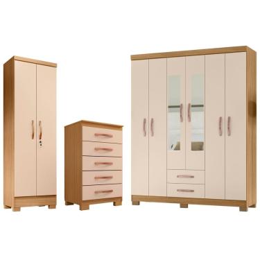 Imagem de Kit Guarda Roupa Casal Modena 6 Portas 2 Gavetas Com Espelho, Cômoda 5 Gavetas e Multiuso Egito Carvalho Off White - Combo Stock