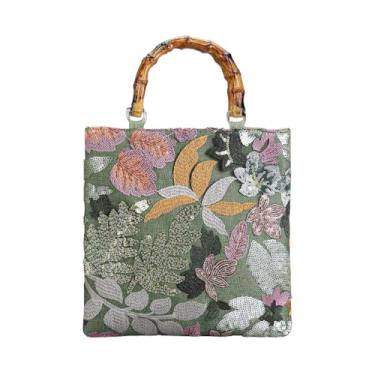 Imagem de RomanticDesign Bolsa feminina com bordado floral de lantejoulas com alça superior de bambu para festa de banquete de casamento, Verde