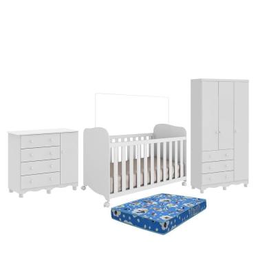 Imagem de Dormitório Júnior 3 Portas, Cômoda 1 Porta e Berço Uli com Colchão Baby Physical - Móveis Peroba