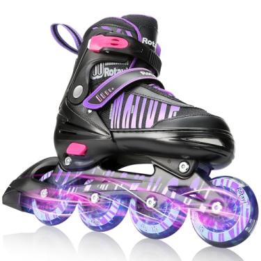 Imagem de Rotayi Patins em linha femininos para adultos e homens, patins em linha ajustáveis de 4 tamanhos para jovens, meninas, meninos com rodas iluminadas, lâminas de patins ao ar livre para adolescentes