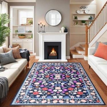 Imagem de FJKJHKGJ Tapetes de área 1,2 x 1,8 m laváveis para sala de estar, tapetes antiderrapantes de pelo baixo para quarto, tapete estampado vintage para quarto, sala de jantar, hall de entrada
