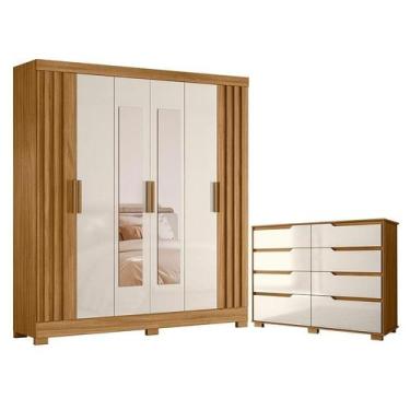 Imagem de Guarda Roupa Casal Valença com Espelho e Cômoda Georgia Freijó Off Whi