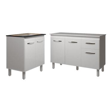 Imagem de Balcão Para Cooktop 5 Bocas Fran Branco E Armário Aline 118 Cm Cozinha Gabinete Branco Com Tampo Tampão Branco