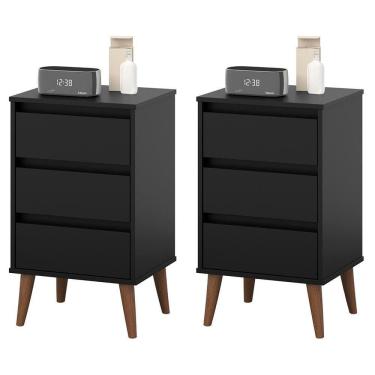 Imagem de Kit 2 Mesas De Cabeceira Wood - Mdp 3 Gavetas Corrediças Metálicas Preto - Movelove