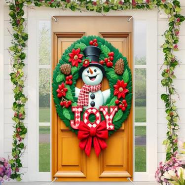 Imagem de BlissYard Boneco de neve Joy Faixa de Natal para porta de Natal 89 x 189 cm, decoração de boas-vindas com letras xadrez vermelhas, pinhas, cachecol vermelho e guirlanda de poinsétia para exibição de