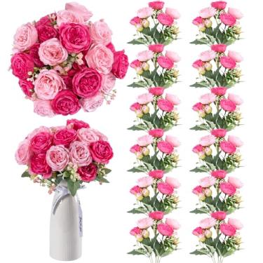 Imagem de GOSTADY 12 pacotes de peônias flores artificiais de seda de toque real, buquê de rosas, plantas falsas para mesa de centro de mesa, festa de casamento, decoração de casa, peônias rosa mistas