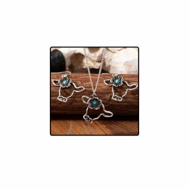 Imagem de sunglnl Conjunto de joias turquesa para mulheres, brincos e colares de animais de prata anime pingente de vaca estilo cowboy ocidental joias presente, 47CM/18.5 Inches + 6CM/2.36 Inches Extender, Liga