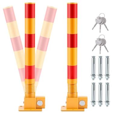 Imagem de Zonon 2 peças de poste de estacionamento de mola dobrável de metal pesado barreira de bloqueio de obstáculos com listras de aviso poste interceptor para garagem de área sensível ao tráfego