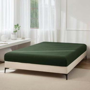 Imagem de JIYUAN 1 lençol com elástico 100% algodão lavado, lençol de baixo com bolso profundo para colchão de até 43 cm, confortável e respirável para todas as estações, tamanho casal, verde floresta