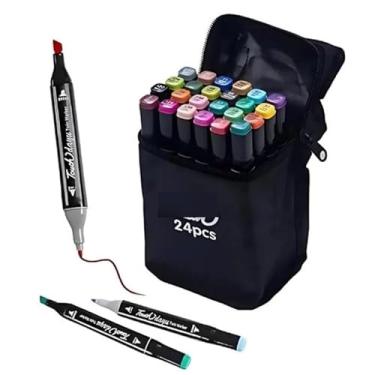 Imagem de Canetinhas Coloridas Ponta Dupla 24 Cores Caneta Marcadora - Marcador Profissional Com Estojo Escolar, Artesanato, Escrita, Desenho e Projetos Criativos, Tinta à Base de Água, Não Tóxica