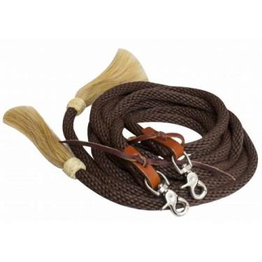 Imagem de Showman Rédeas de nylon trançadas redondas de 2,4 m com pontas de pelo de cavalo (marrom)
