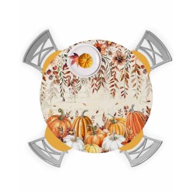 Imagem de Vandarllin Toalha de mesa redonda de outono de Ação de Graças Laranja Abóbora Borda Elástica Capa de mesa de plástico, à prova d'água à prova de óleo para jantar, ao ar livre, piquenique, mesas de 91