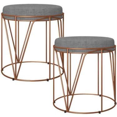 Imagem de Kit 02 Puffs Decorativo Aramado Bronze Zaya L02 Linho Cinza Escuro - L