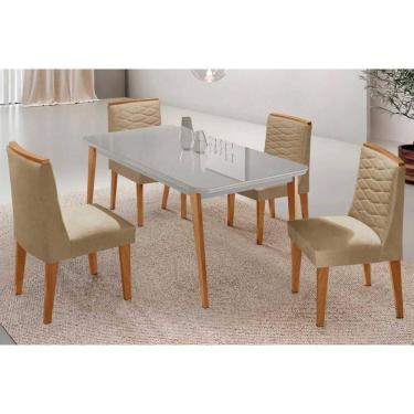 Imagem de Conjunto Sala de Jantar Havana c/ Tampo Madeirado c/ Vidro Canto Curvo 120x80cm e 4 Cadeiras Maldivas Madeira Maciça Naturale/Off White - Capuccino/Li