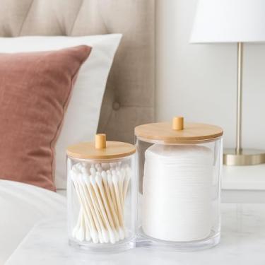 Imagem de Organizador Acrílico Duplo Porta Algodão e Cotonete com Tampa de Bambu Transparente Maquiagem