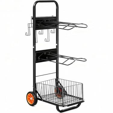 Imagem de BENYIJS Suporte dobrável para selim com rodinhas - 3 níveis resistentes com suportes de sela removíveis e cesta de armazenamento, organizador de aderência de cavalo para armazenamento estável