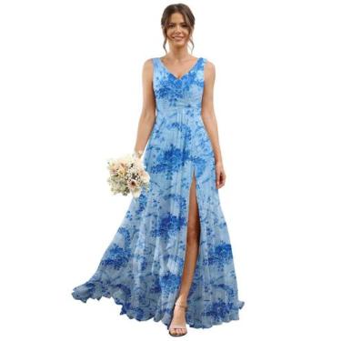 Imagem de Vestido de dama de honra RSOETOO plissado longo com fenda com decote e