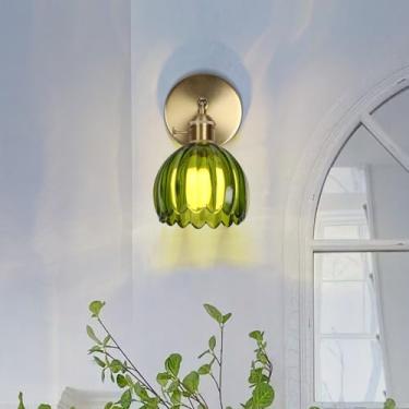 Imagem de HuisMier Arandelas de parede vintage com abajur de vidro tulipa verde, arandelas de parede modernas de latão ajustável de 180 graus com interruptor para banheiro, quarto, sala de estar, corredor, com