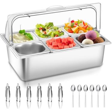 Imagem de Recipiente para servir comida de bancada com tampa superior transparente, bandeja de aço inoxidável para servir comida, dispensador de condimentos para restaurante e festa (6 compartimentos)