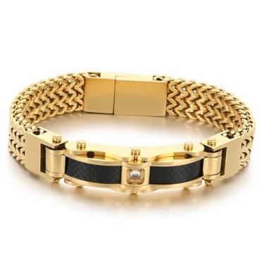 Imagem de Klapgo Pulseira masculina de aço inoxidável Franco Link corrente pulseira moderna com zircônia cúbica ouro preto
