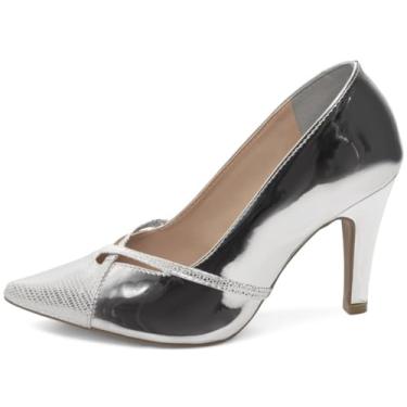 Imagem de Salto Scarpin Feminino Sapato Social Salto Alto Bico Fino 9 cm Verniz Metalizado Luxo e Elegância (Prata, BR, Adulto, Numérico, 38)