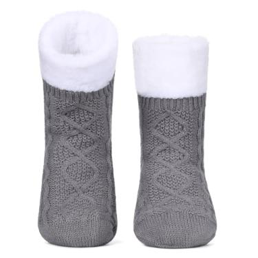 Imagem de Meias femininas de inverno com garras, aconchegantes e aconchegantes forradas de lã de lã grossa de lã de ovelha para uso interno, antiderrapante, presente de Natal, Cinza, One Size