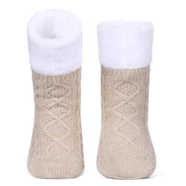 Imagem de Meias femininas de inverno com garras, aconchegantes e aconchegantes forradas de lã de lã grossa de lã de ovelha para uso interno, antiderrapante, presente de Natal, Caqui, One Size