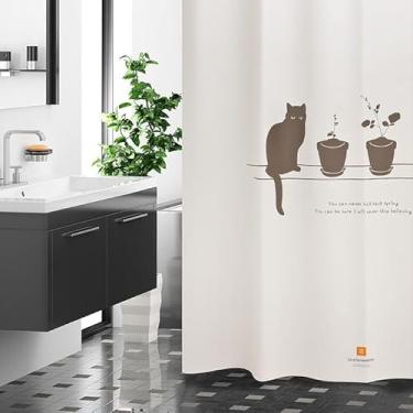 Imagem de onesevennine Cortina de chuveiro de designer coreana – Sem costura, resistente à água (180 cm L x 188 cm C) Gato do sótão - Inclui 12 ganchos de plástico para fácil configuração