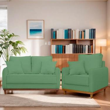 Imagem de Conjunto de Sofá Living 2 lugares E Poltrona Linho luxo Base em Madeira (Verde)