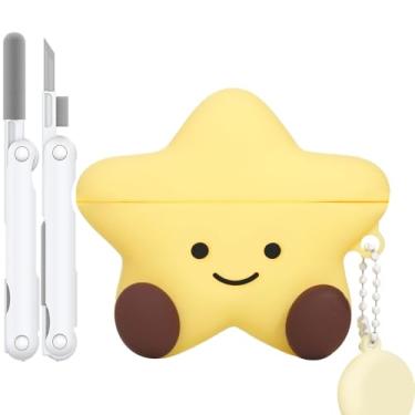 Imagem de Capa fofa compatível com AirPods 4 2024, Kawaii, desenho 3D, AirPods 4ª geração, capa protetora de silicone em forma de estrela com kit de limpeza e chaveiro para mulheres e meninas (amarelo)