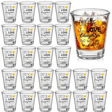 Imagem de Roshtia Pacote com 24 copos pequenos de casamento para adultos, vidro transparente de 59 g com base confiável para amar risos e felizes para sempre, lembrancinhas de casamento a granel para convidados