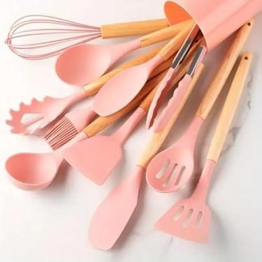 Imagem de Conjunto Utensílios Silicone 8 Peças Cabo Madeira Cozinha Espátula Colher Concha Pegador Batedor Pincel Rosa