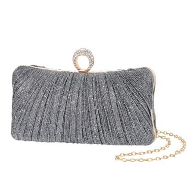 Imagem de Bolsa clutch feminina dourada com purpurina, plissada, para festa de casamento nupcial com anel de strass, Cinza