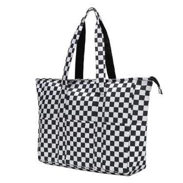 Imagem de Lovelinks21 Bolsa feminina grande com zíper, utilitária, trabalho, viagem, academia, praia, piquenique, férias, bolsa de ombro, Xadrez preto e branco, Large