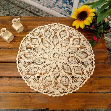 Imagem de Wuluwala Toalha de mesa redonda de crochê feita à mão, toalha de mesa de renda de algodão, pequena toalha de mesa bege para mesas, capa de sofá, cômoda de casamento, cachecol, decoração, 58 cm bege