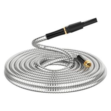 Imagem de Mangueira de jardim de metal não expansível de 15 metros com bico pulverizador, flexível, sem dobras, leve e resistente, mangueira de água externa de aço inoxidável para jarda de 15 metros, conector
