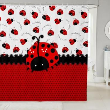 Imagem de Manfei Cortinas de chuveiro infantil joaninha, preta, vermelha, joaninha, besouro, inseto, rústico, meninas, meninos, cortinas à prova d'água, desenho geométrico, bolinhas, abstrato, desenho