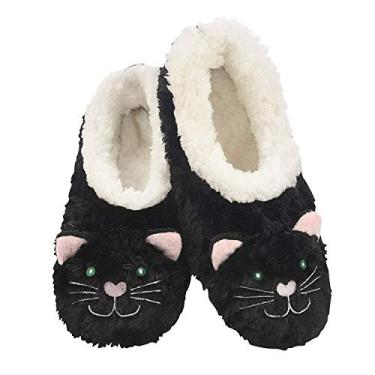 Imagem de Snoozies Pantufas Femininas Pés Felpudos - Pantufas de Animais para Mulheres - Gato Preto, Black Cat-white Lining, Medium
