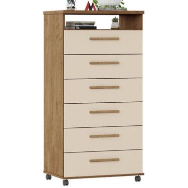 Imagem de Cômoda Veneza 6 Gavetas em MDF com Puxador em MDF Amêndoa Off White com Corrediças Tele...