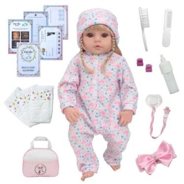 Imagem de Boneca Bebê Reborn Valentina Macacão Flamingo Bolsa Completa - Cegonha