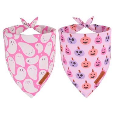Imagem de ADOGGYGO Bandanas rosa para cães de Halloween, pacote com 2, babador reversível de cachecol de abóbora fantasma, ajuste ajustável, bandana rosa de Halloween para cães extragrandes e meninas (GG)