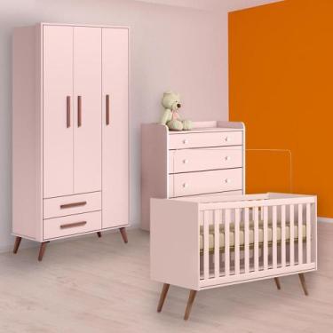 Imagem de Berço Mini Cama Cômoda Trocador e Guarda Roupa Retro Rosa - Qmovi