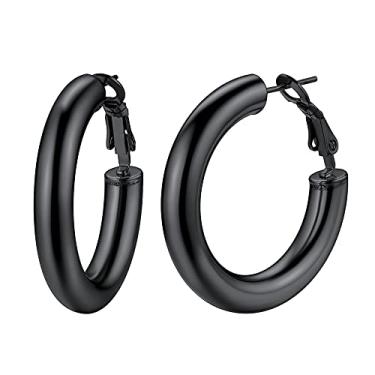 Imagem de ChainsHouse Brincos de argola hipoalergênicos para mulheres, aço inoxidável 316L/preto/banhado a ouro real 18K, aros redondos minimalistas, para orelhas sensíveis | 30 mm, 40 mm, 60 mm, 80 mm, com caixa de presente 60mm Preto