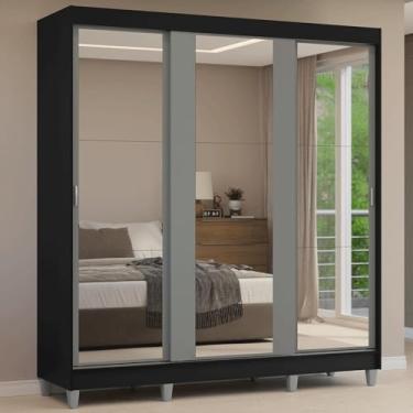 Imagem de Guarda-roupa Casal com Pés 3 Portas de Correr de Espelho Preto/cinza Reno Madesa