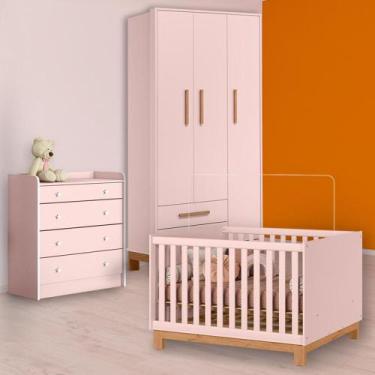 Imagem de Berço Mini Cama Slim, Cômoda Trocador e Guarda Roupa Rosa - Qmovi