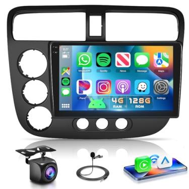 Imagem de Rádio de carro 4G + 128G para Honda Civic 2001-2005 estéreo 9 polegadas tela sensível ao toque sem fio CarPlay/Android Auto Android 15 Bluetooth DSP FM/RDS GPS WiFi SWC AHD Câmera de backup