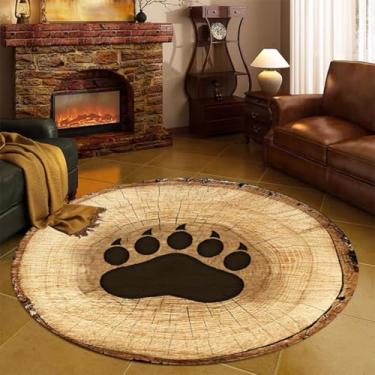 Imagem de Qmkmyy Tapetes redondos retrô com pegada de urso para área de pata de 2 m para crianças, tapetes circulares de entrada de madeira com estampa de textura pequena